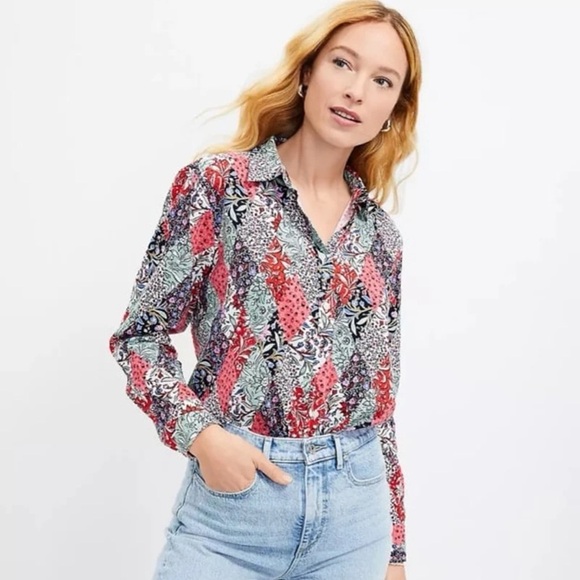 NWT Loft Patchwork Bloom Everyday Pocket Shirt and Pleated Shorts size Large SET - Picture 2 of 12